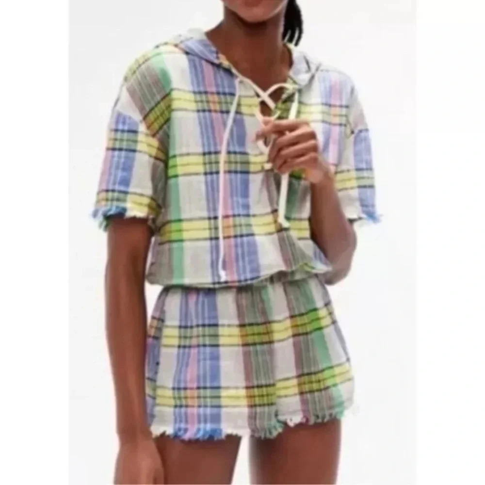 Urban Outfitters | Frayed Plaid Hooded Lace-up Romper Multicolor Size S Small
